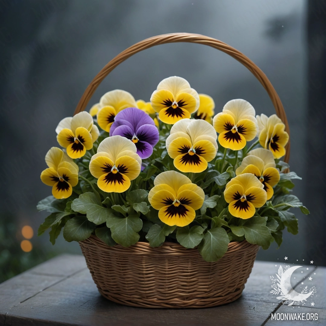 A basket containing cream yellow pansies surrounded by fog at night.