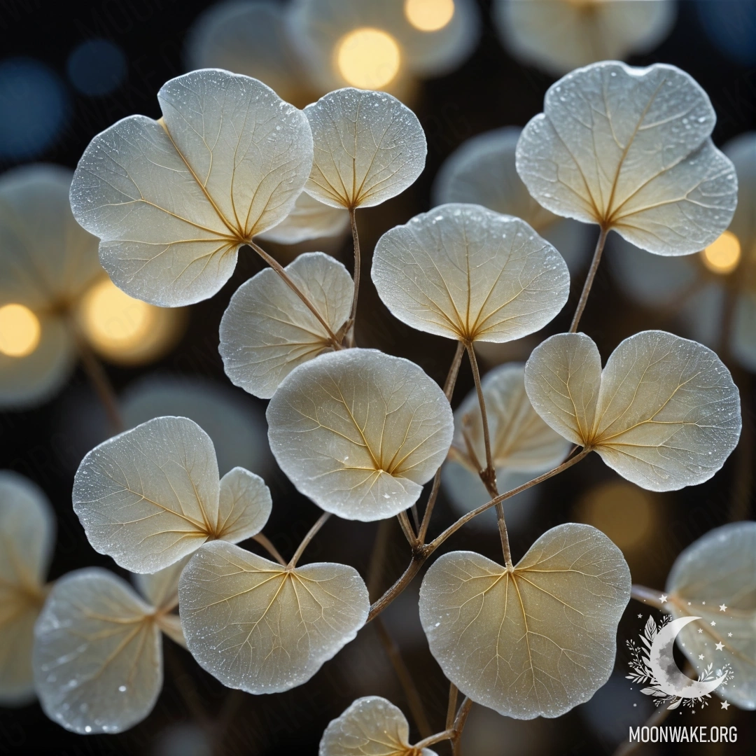 Nighttime Frost with Lunaria A delicate lunaria flower covered in frost at night, shimmering with sequins.