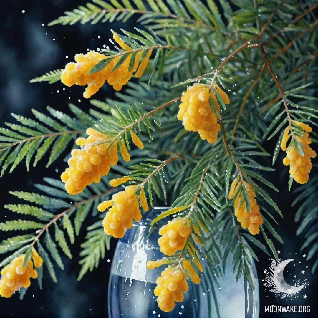 Nighttime Mimosa with Dew Drops A beautiful mimosa in a vase with dew drops at night, colored like sea waves.