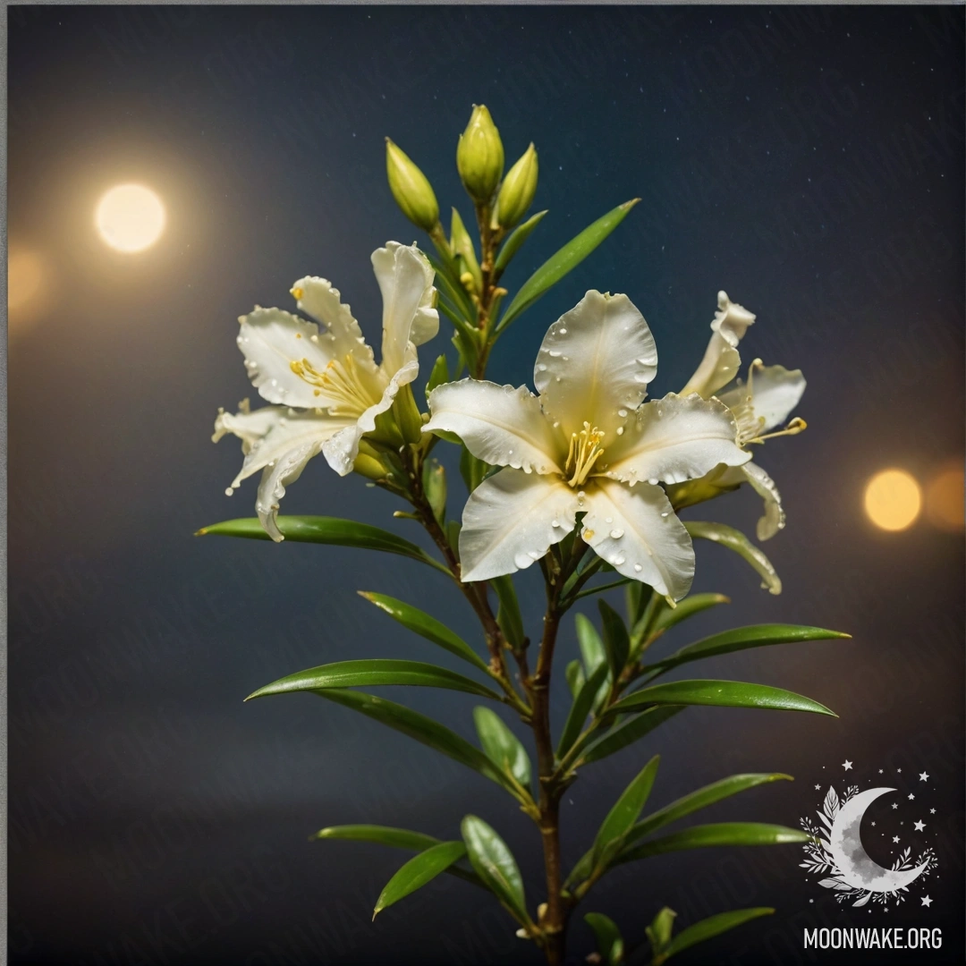 A minimalist depiction of oleander flowers surrounded by mist at night, adorned with shimmering golden rhinestones.