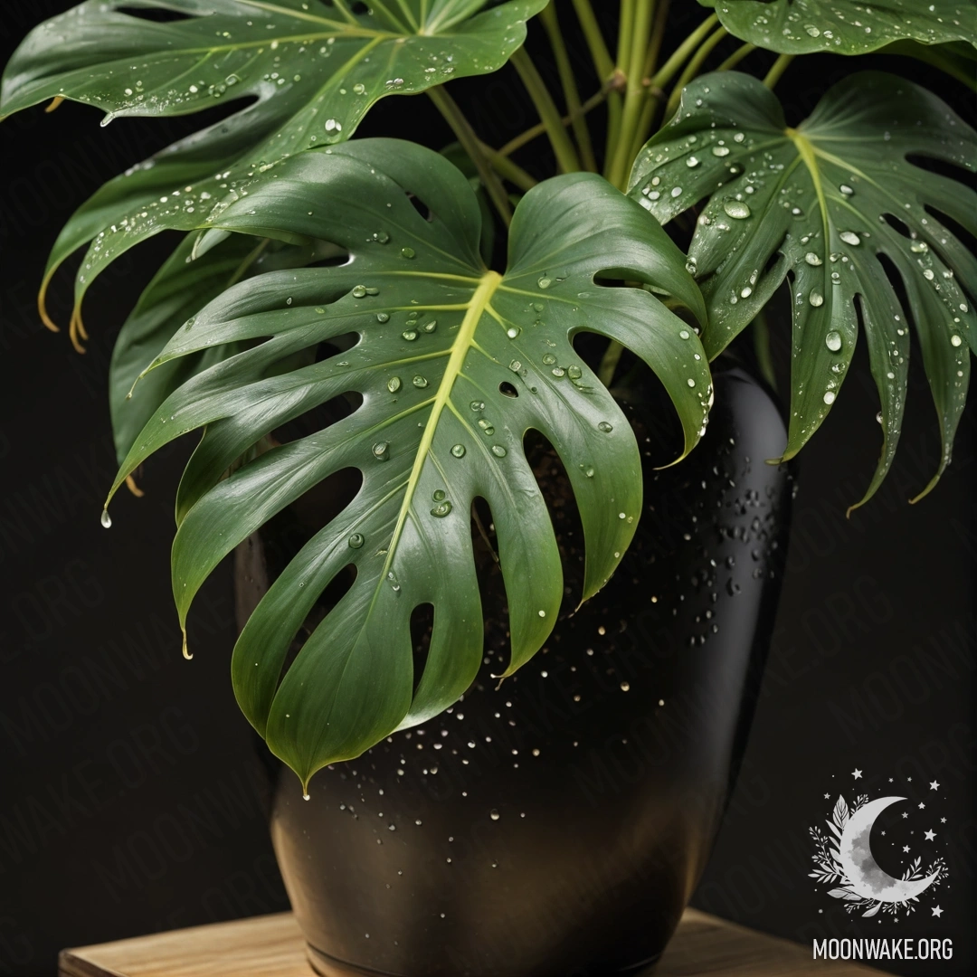 A serene arrangement of monstera leaves with dew drops in a golden Chinese vase at night.