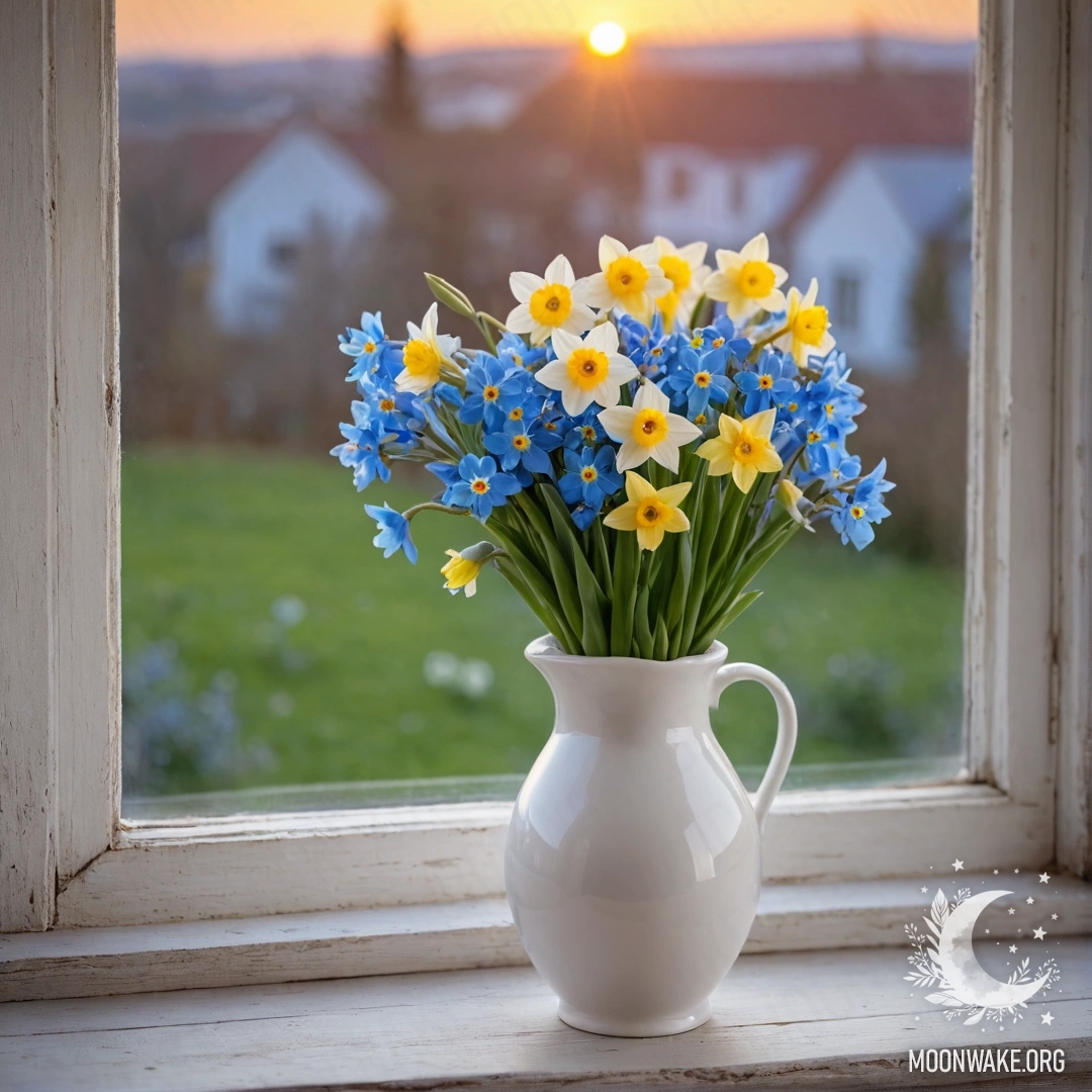 A small burlap bag filled with pansies hanging on a shabby wooden wall at night.