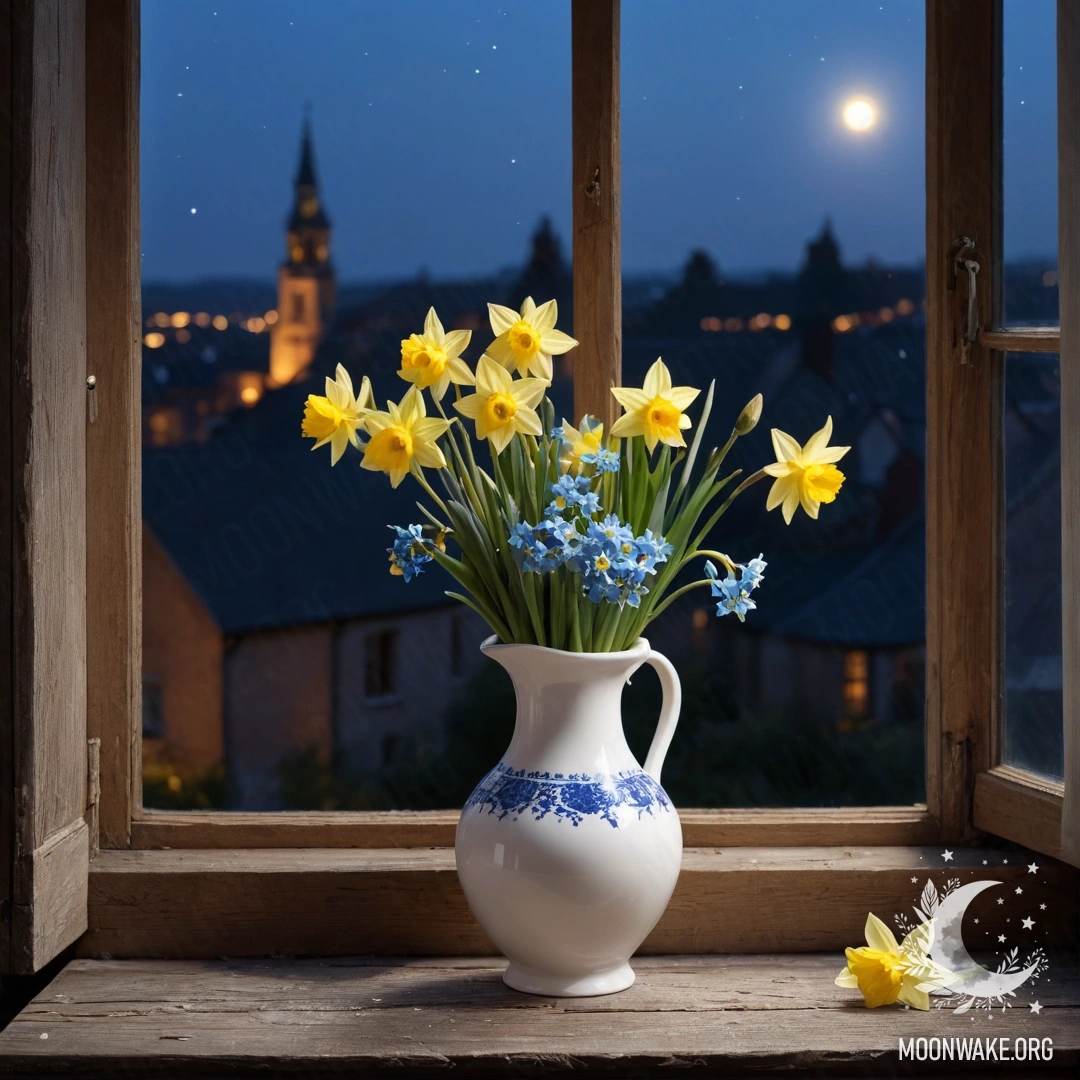 A shabby wooden window sill at night with a white porcelain vase holding daffodils and forget-me-nots.