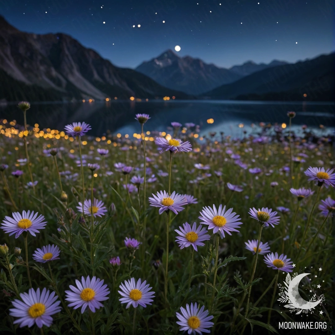 Close-up of beautiful field flowers against a bokeh backdrop of a mountain lake at night.