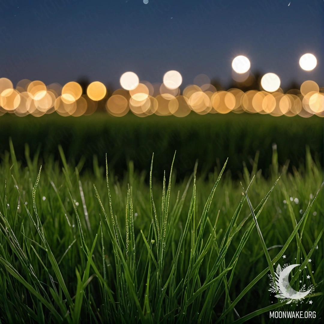 Close-up of grass in a field with a blurred night sky in the background.