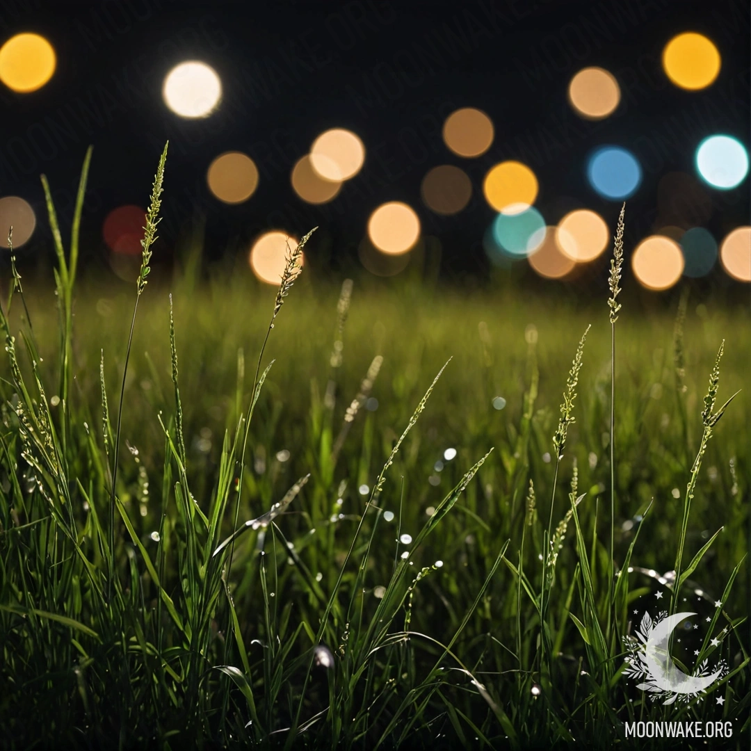 Nighttime Serenity in a Grass Field Close-up of grass in a field with blurred flowers in the background at night.