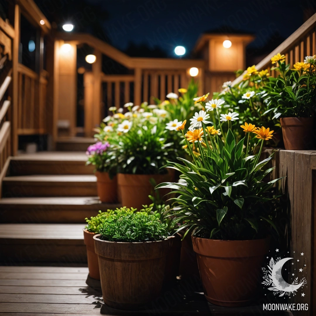 A wooden staircase adorned with flowerpots under the night sky.