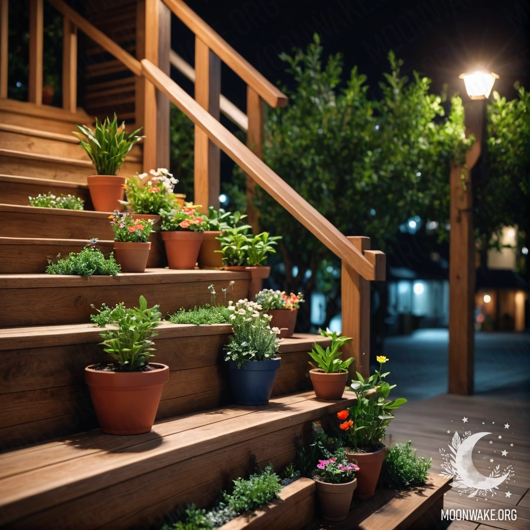 A wooden staircase adorned with flowerpots at night.