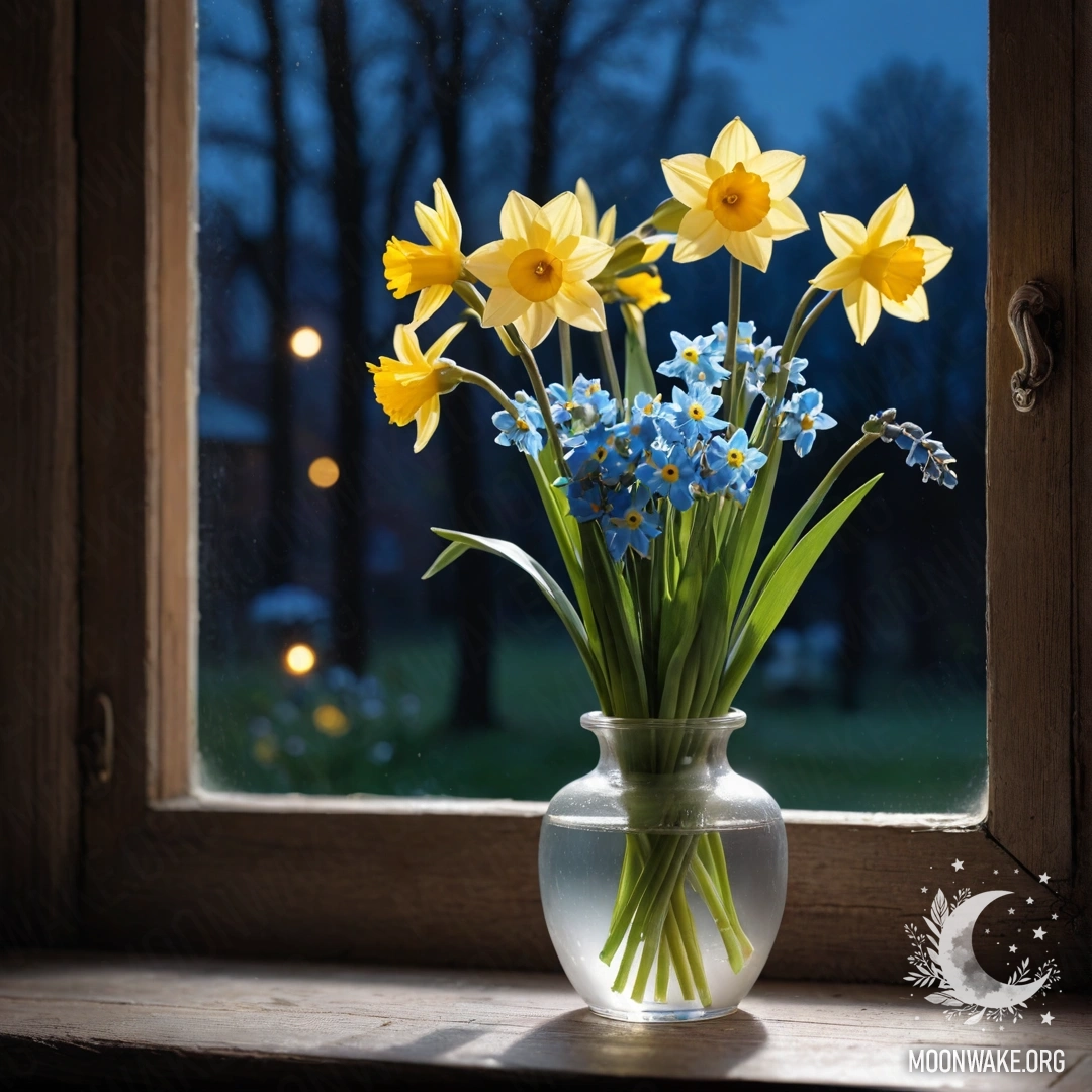 An old shabby wooden window sill adorned with a white porcelain vase containing daffodils and forget-me-nots, illuminated by the night.