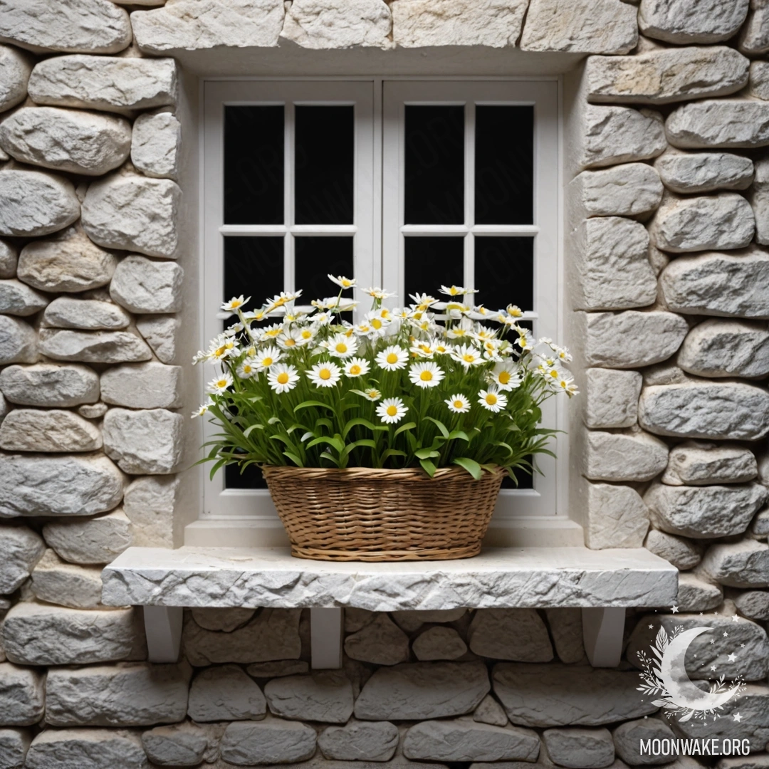 A calm white stone wall with an open window and a basket of daisies on the windowsill at night.