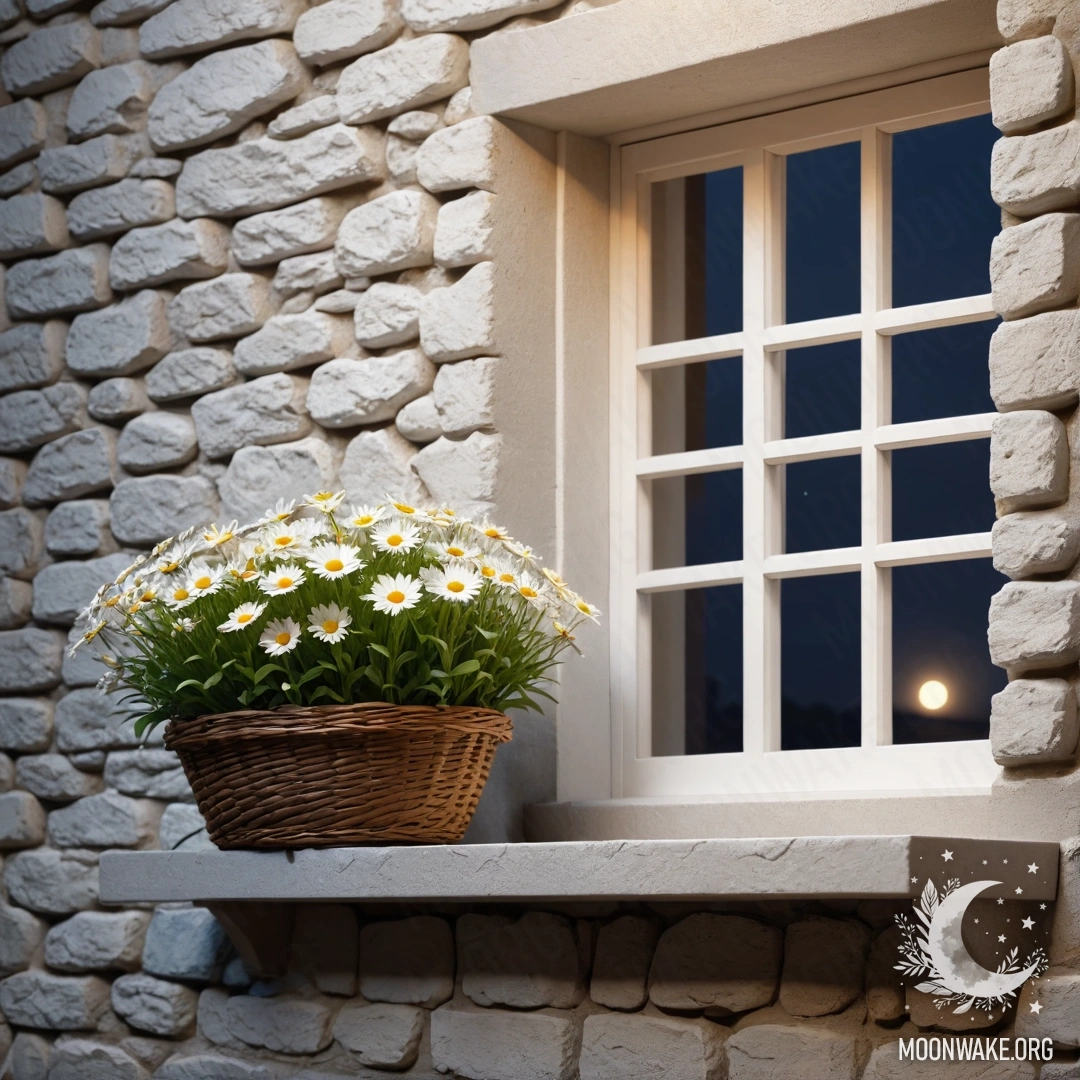 A calming illustration of a white stone wall, an open window, and a basket of daisies at night.