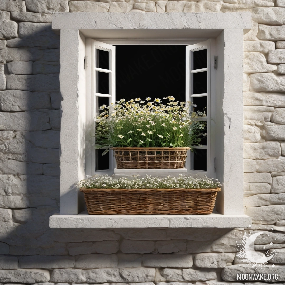 A serene scene featuring a white stone wall, an open window, and a basket of daisies on the windowsill in the night.