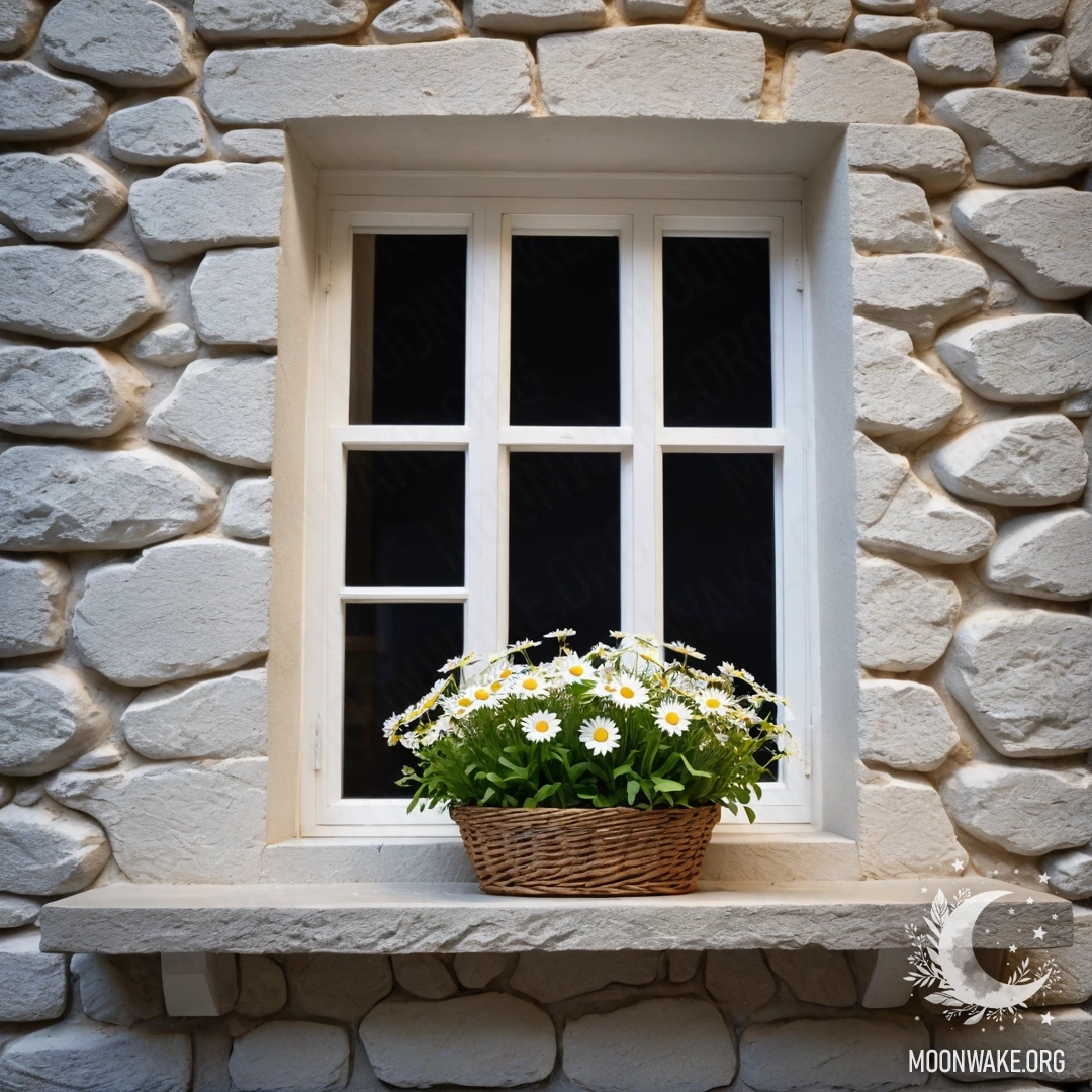 A basket of daisies on a windowsill of an open window against a white stone wall at night.