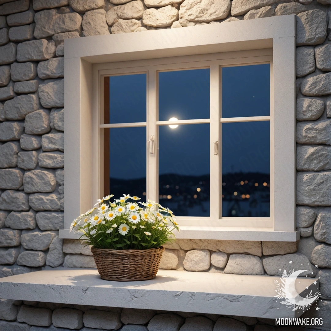 A photorealistic depiction of a white stone wall, an open window, and a basket of daisies on the windowsill at nighttime.