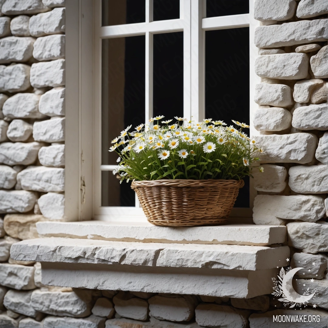 A calm white stone wall with an open window, and a basket of daisies on the windowsill at night.