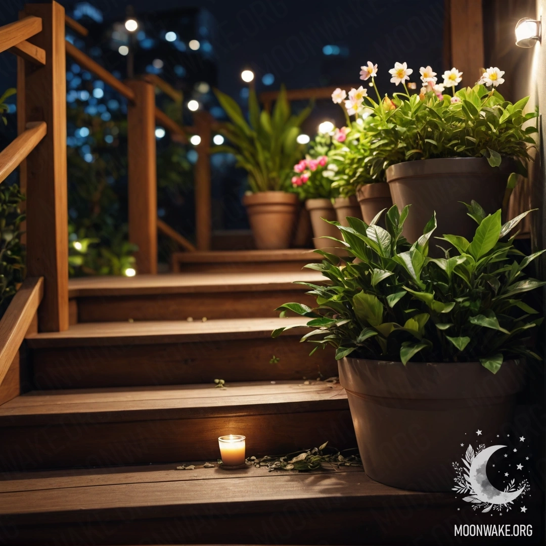 A wooden staircase adorned with flowerpots under the night sky.