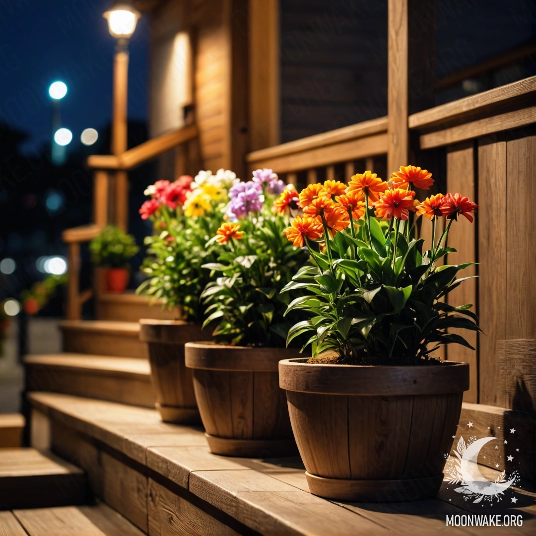 A beautiful wooden staircase adorned with flowerpots at night.