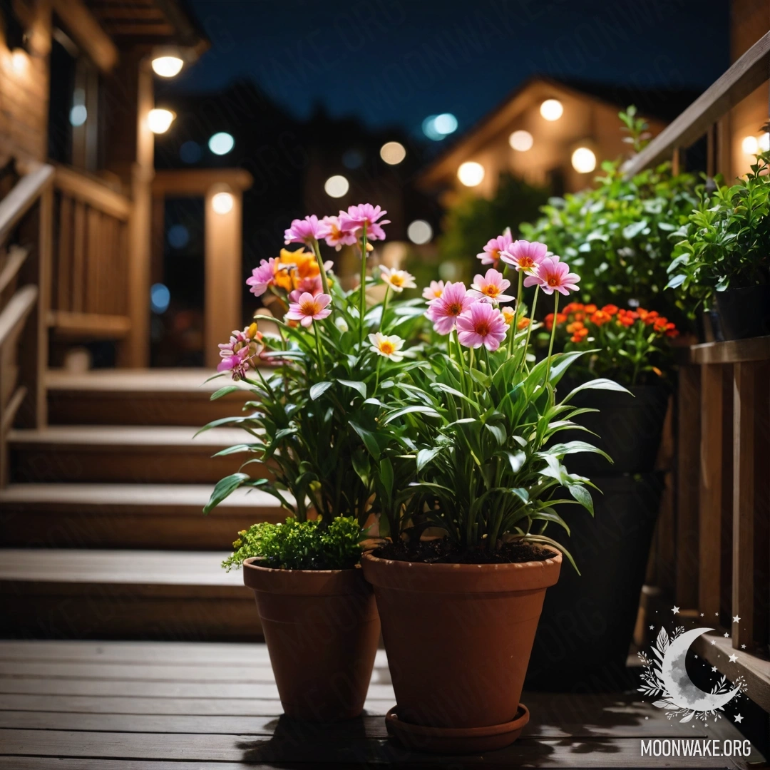 A wooden staircase adorned with flowerpots during nighttime.