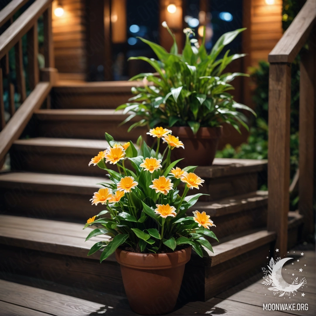 A wooden staircase adorned with flowerpots at night, creating a serene atmosphere.