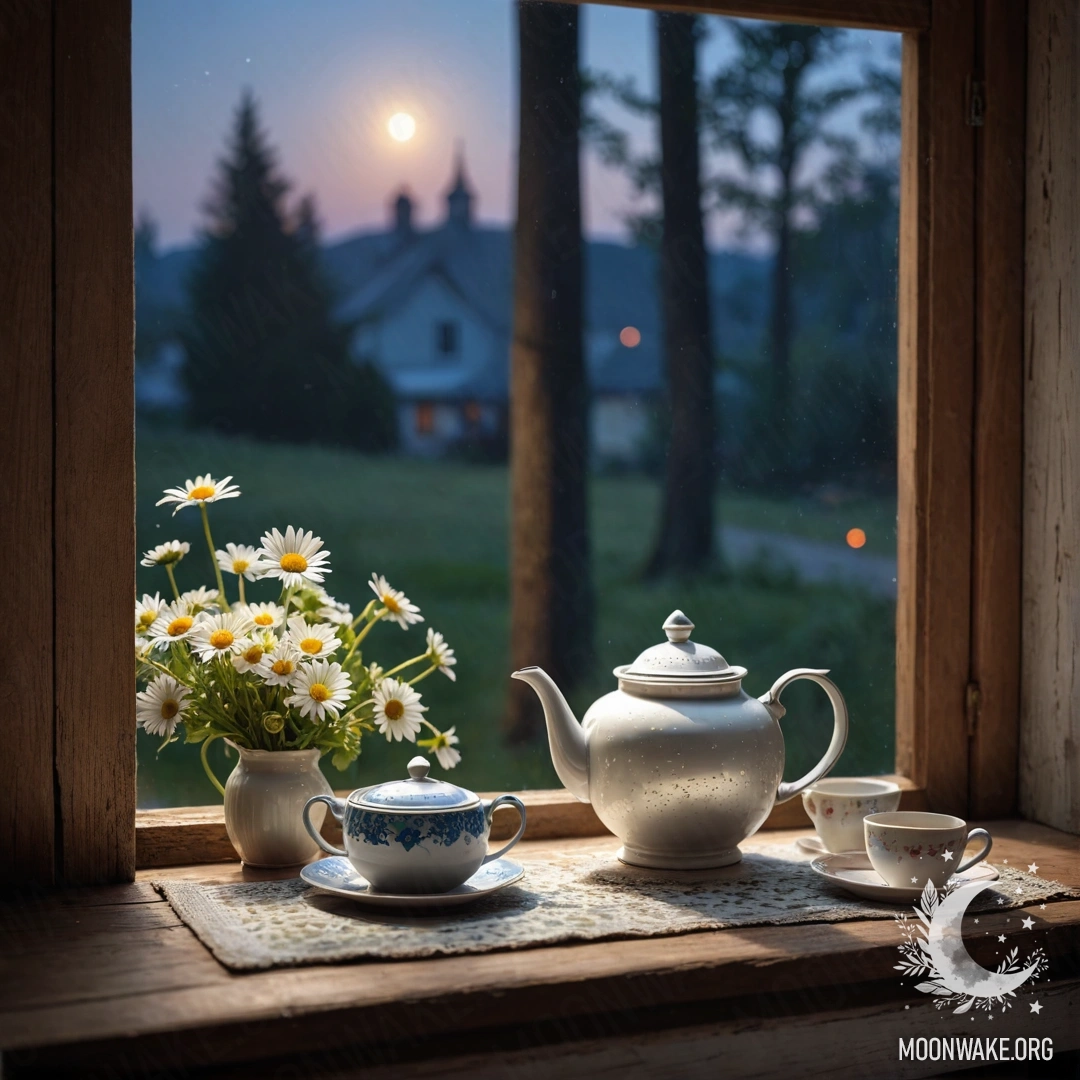 A metal teapot with patterns sits on a shabby wooden windowsill adorned with daisies, at night.