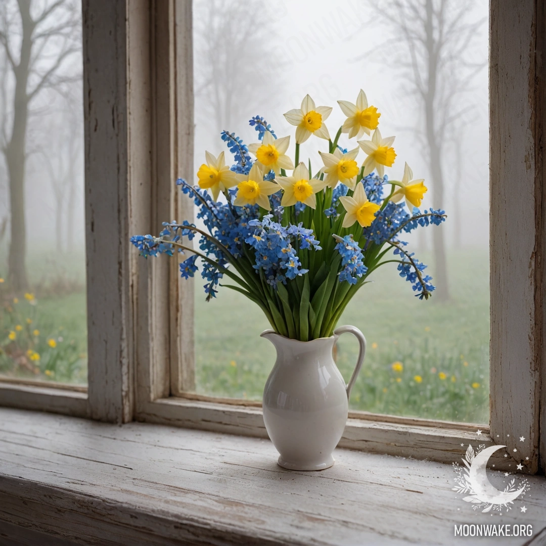 An aged wooden window sill adorned with a white vase holding daffodils and forget-me-nots, surrounded by thick fog.