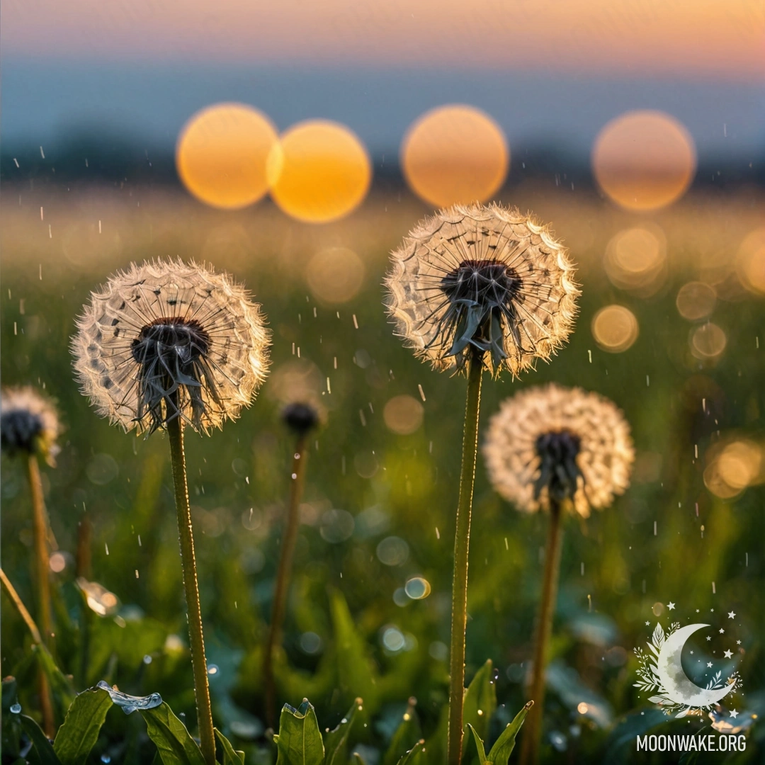Close-up of dandelions in a field during a rainy sunset, with a bokeh effect in the background.
