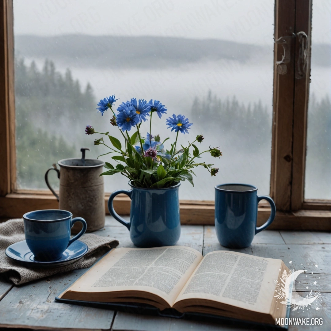 A blue book rests on a wooden windowsill with a blue metal mug containing flowers, shrouded in thick fog.