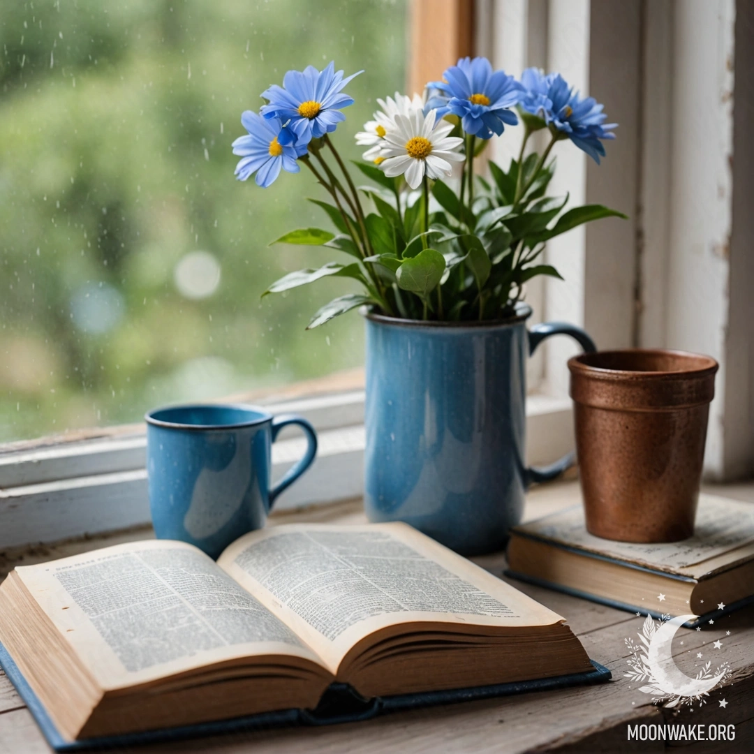 An old shabby blue book lies on a wooden windowsill with a blue metal mug containing flowers.