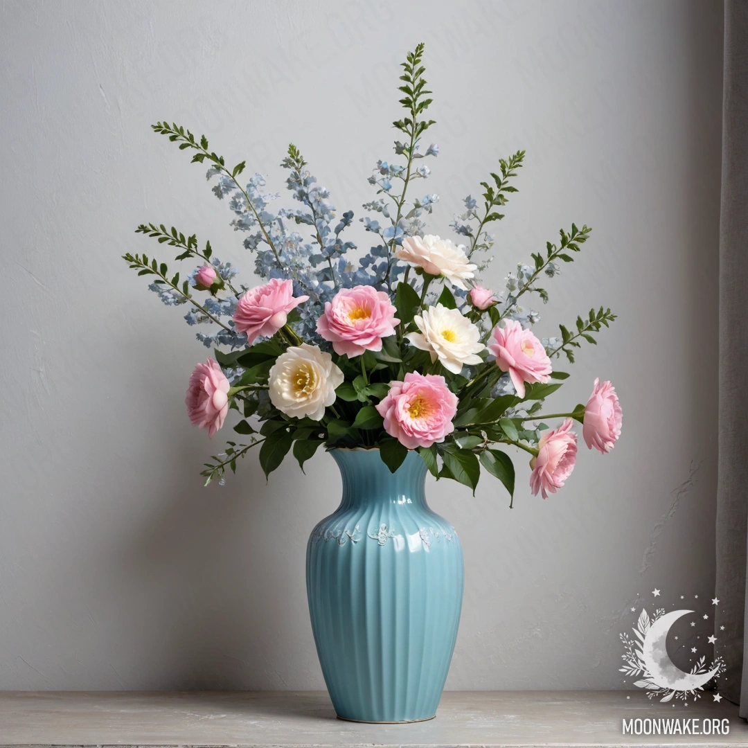 An old shabby blue door with a bouquet of poppies in its handle at sunset.