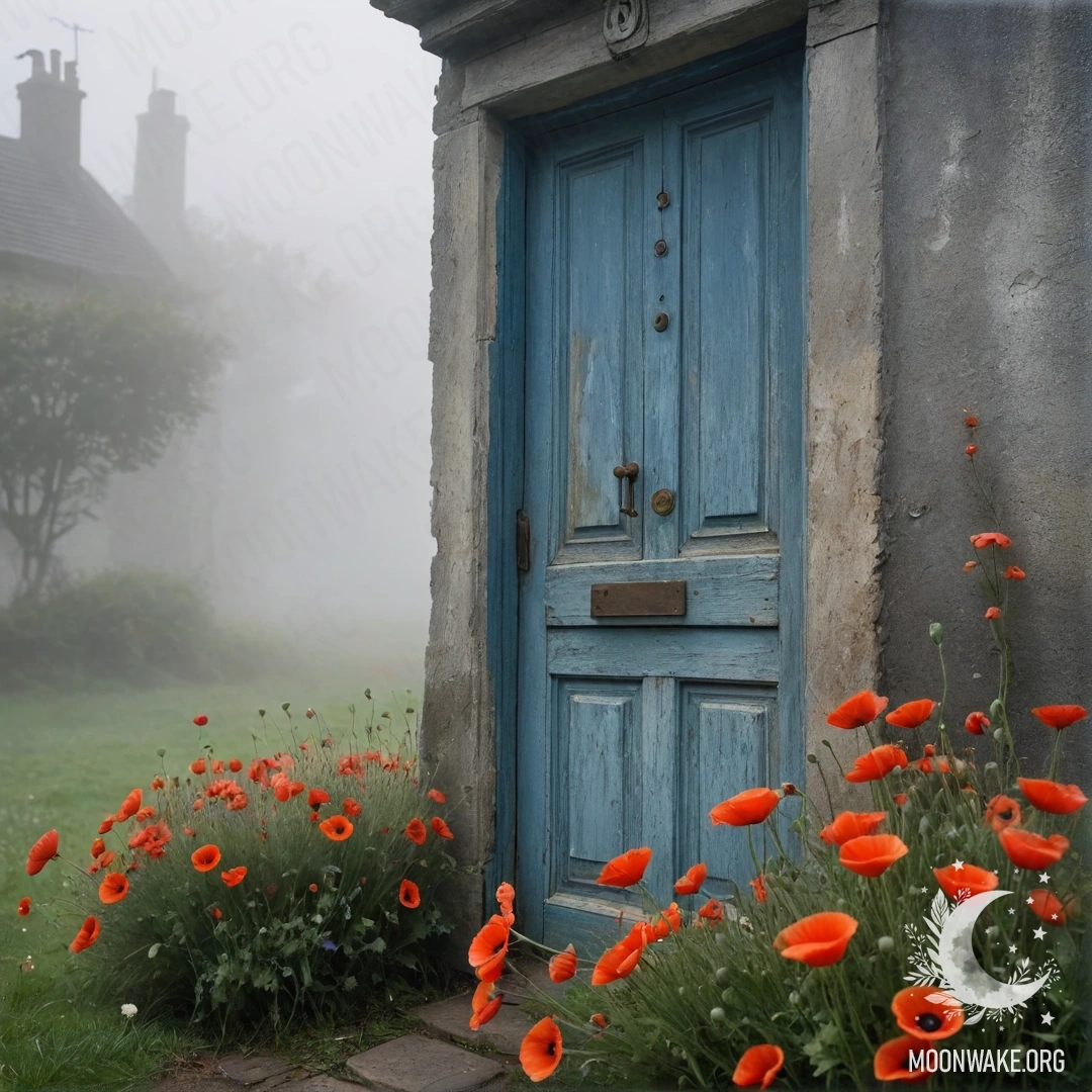 An old shabby blue door adorned with a bouquet of poppies, surrounded by dense fog.