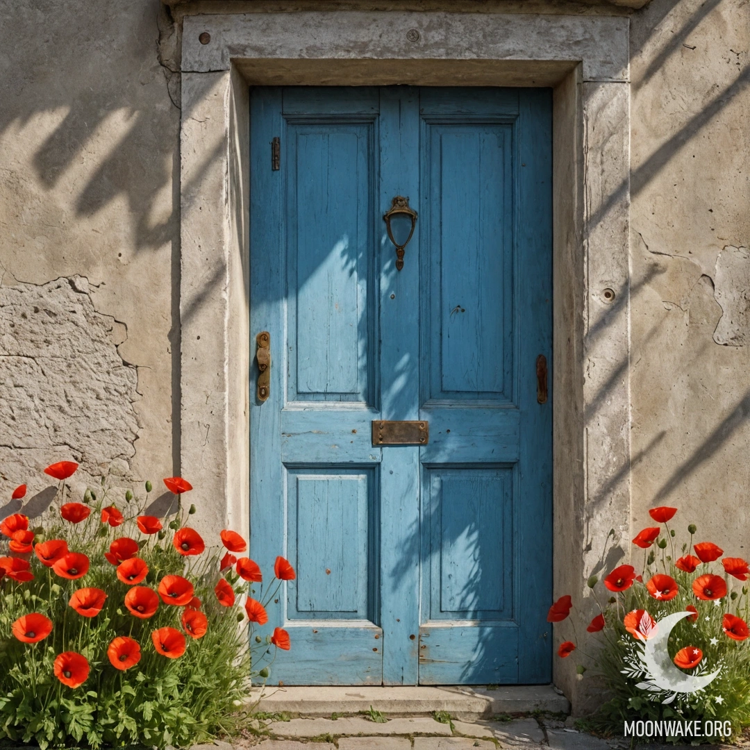 A shabby blue door with a bouquet of poppies in the handle, illuminated by sun rays.