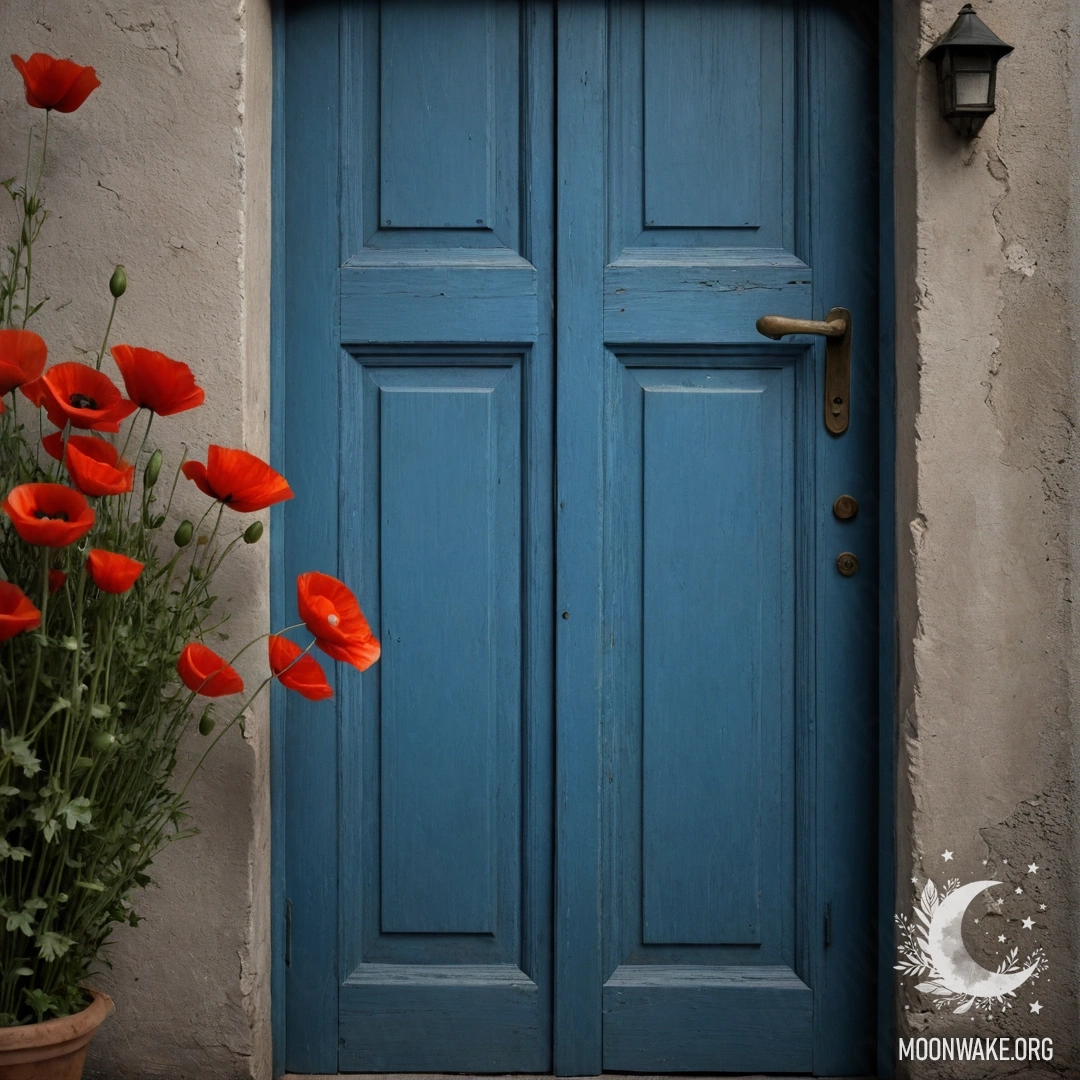 Old Blue Door with Poppies A weathered blue door with a bouquet of poppies in its handle, depicted at night.