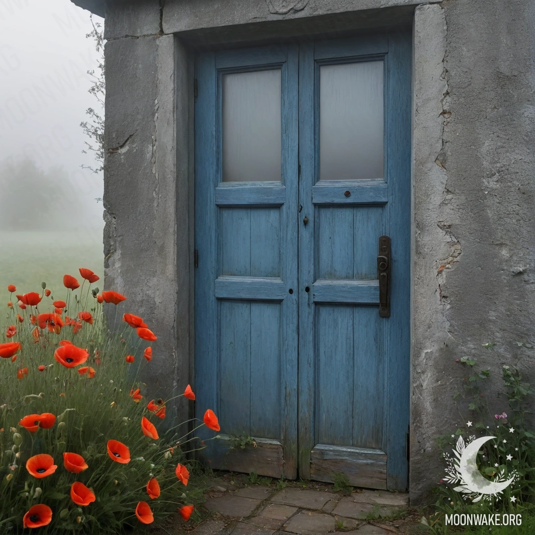An old, shabby blue door with a bouquet of poppies in its handle, surrounded by dense fog.