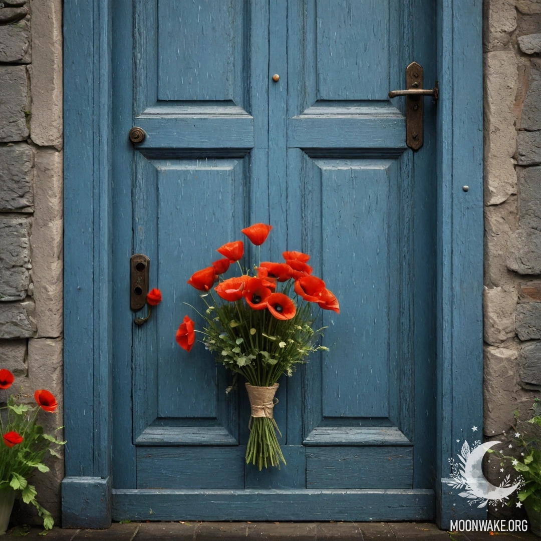 A shabby blue door with a bouquet of poppies hanging on the handle, with rain droplets falling around.