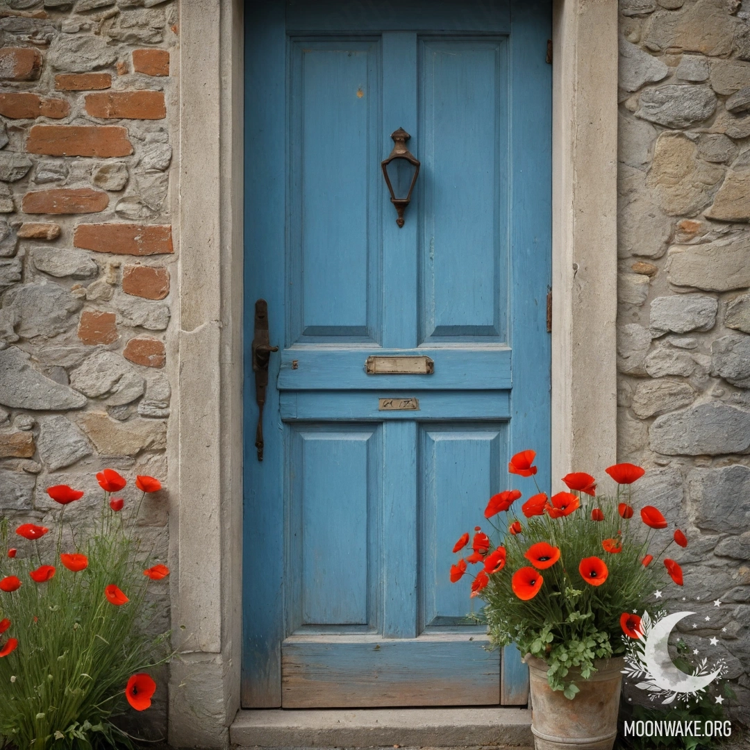An old shabby blue door with a bouquet of poppies in the handle.
