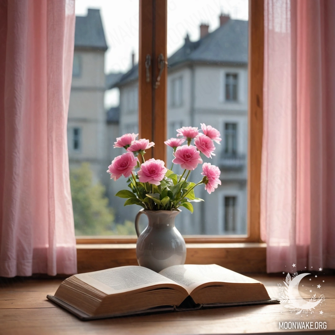 A weathered blue door with a bouquet of poppies in its handle, shrouded in dense fog.