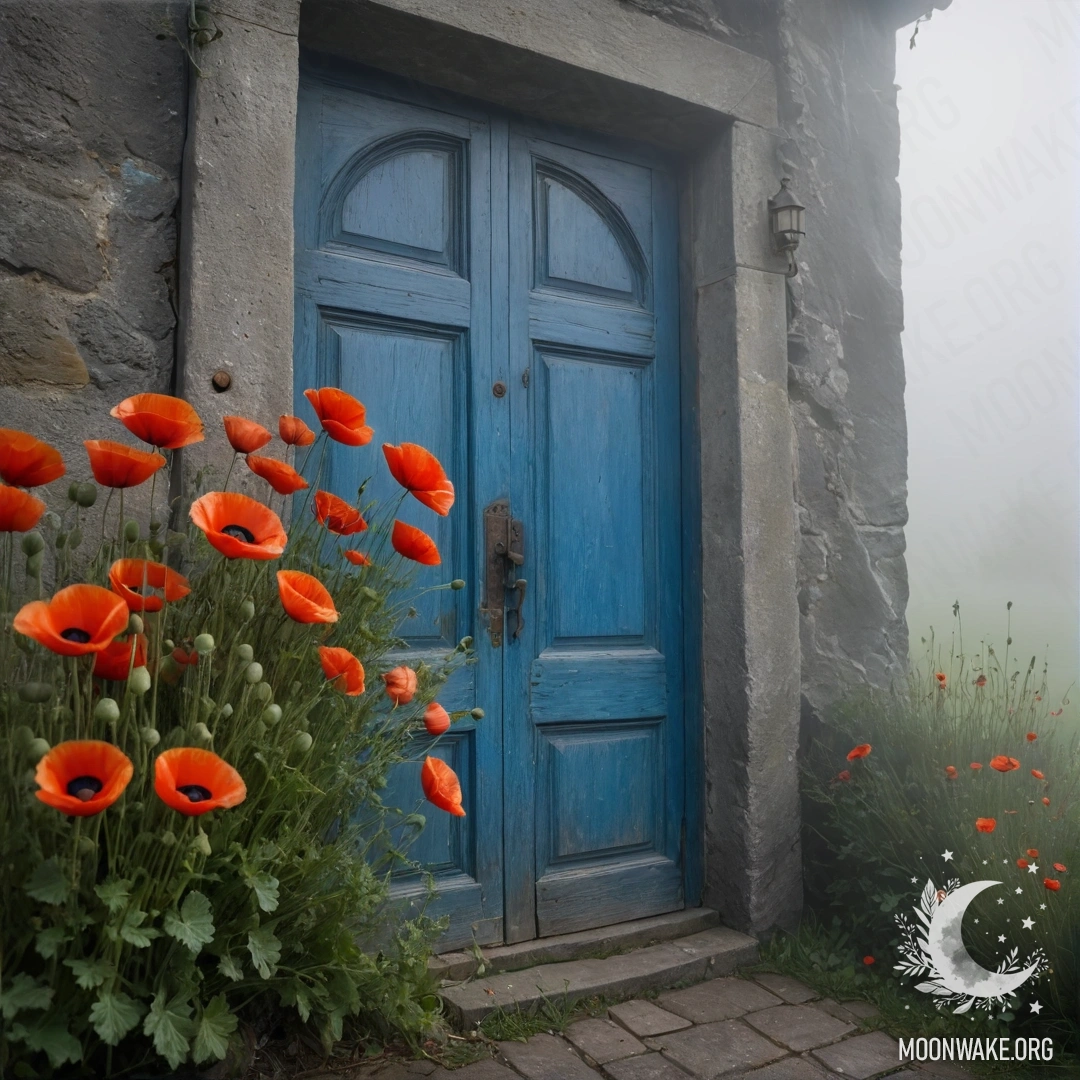 An old shabby blue door with a bouquet of poppies in the handle, surrounded by dense mist.