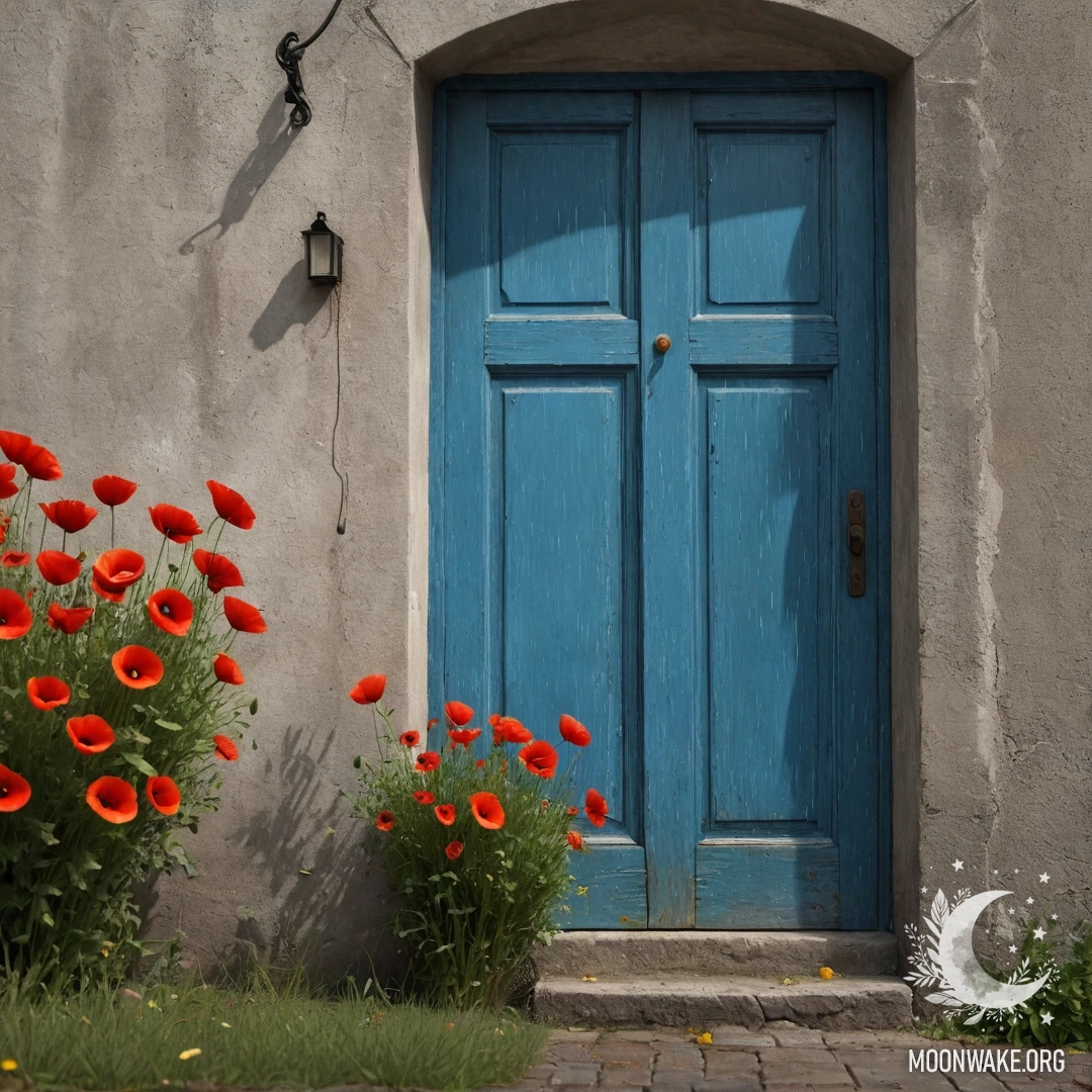 A photorealistic image of an old shabby blue door with a bouquet of poppies in the handle, under the rain.