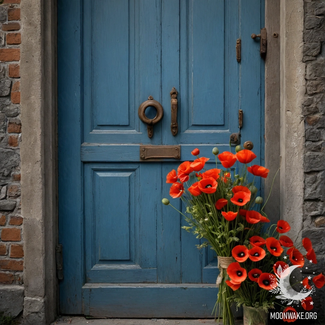 A shabby blue door with a bouquet of poppies in the handle at night.