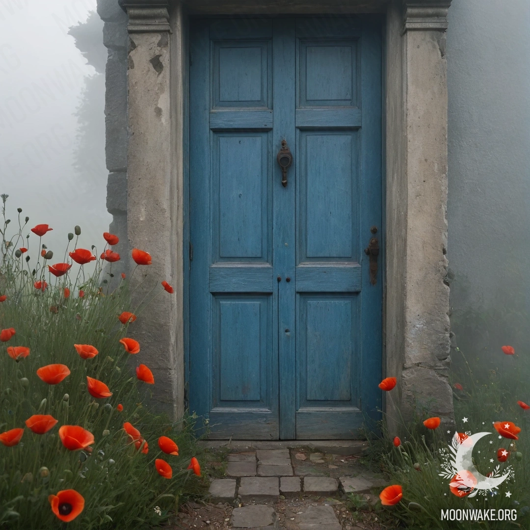 An old shabby blue door with a bouquet of poppies hanging from the handle, surrounded by dense fog.