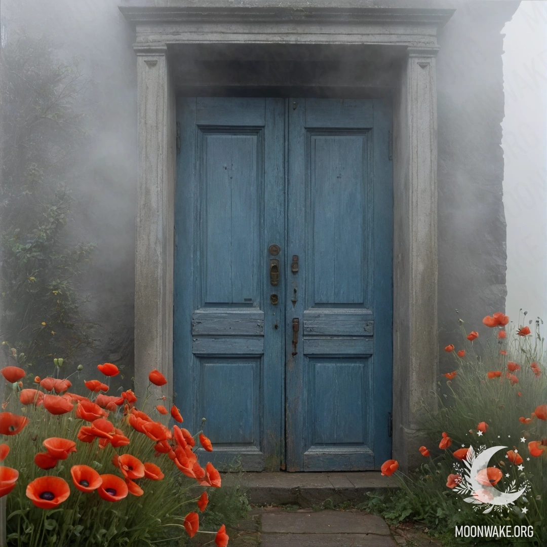 Mysterious Blue Door with Poppies An old shabby blue door adorned with a bouquet of poppies in its handle, surrounded by thick mist and fog.