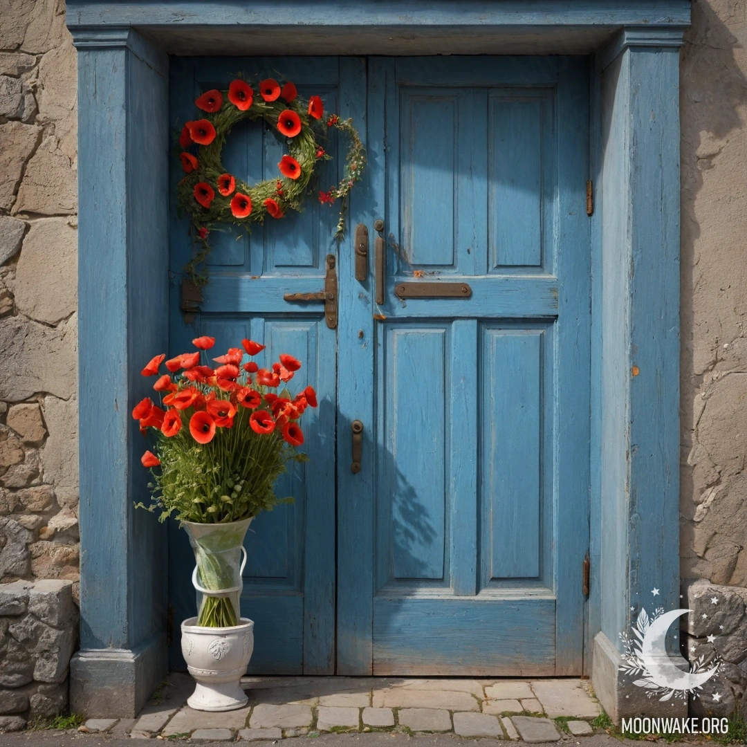 A close-up of an old shabby blue door with a bouquet of poppies in the handle, illuminated by garland lights.