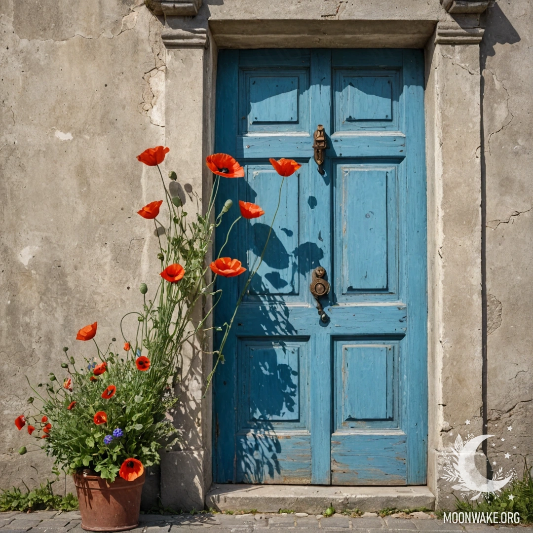 An old, shabby blue door with a bouquet of poppies hanging from the handle.