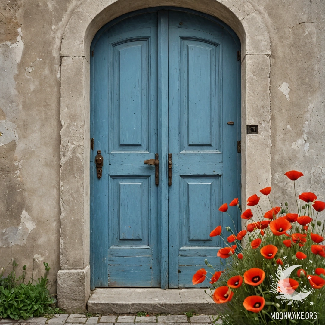 Old Shabby Blue Door with Poppies A worn blue door with a bouquet of poppies in the handle.