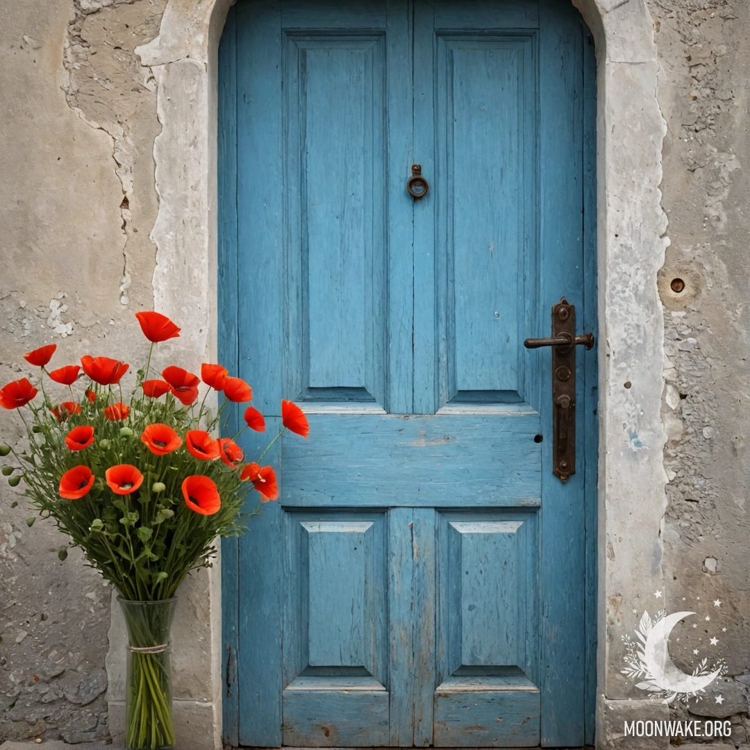 An old shabby blue door with a bouquet of poppies in the handle.