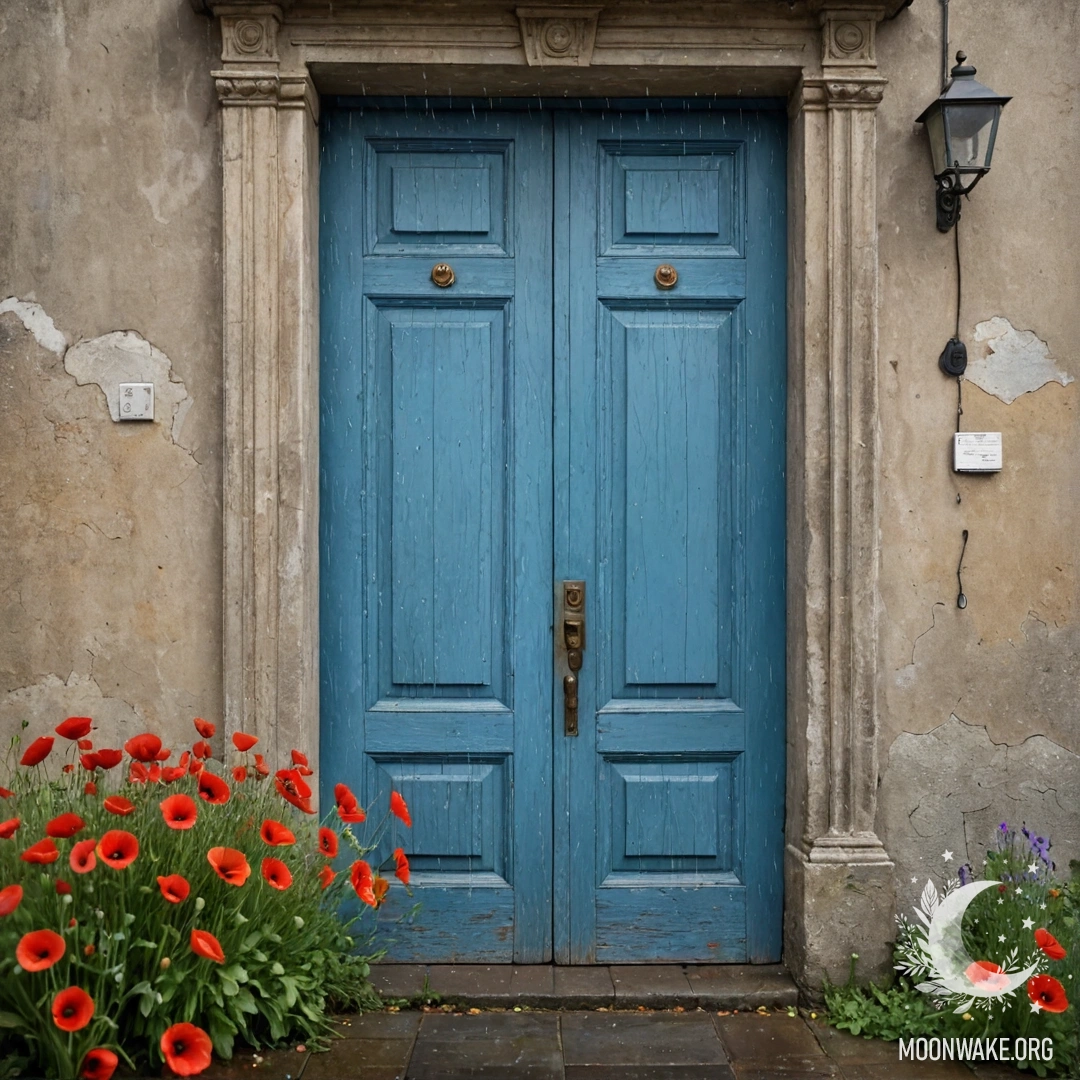 An old shabby blue door with a bouquet of red poppies in the handle, under the rain.