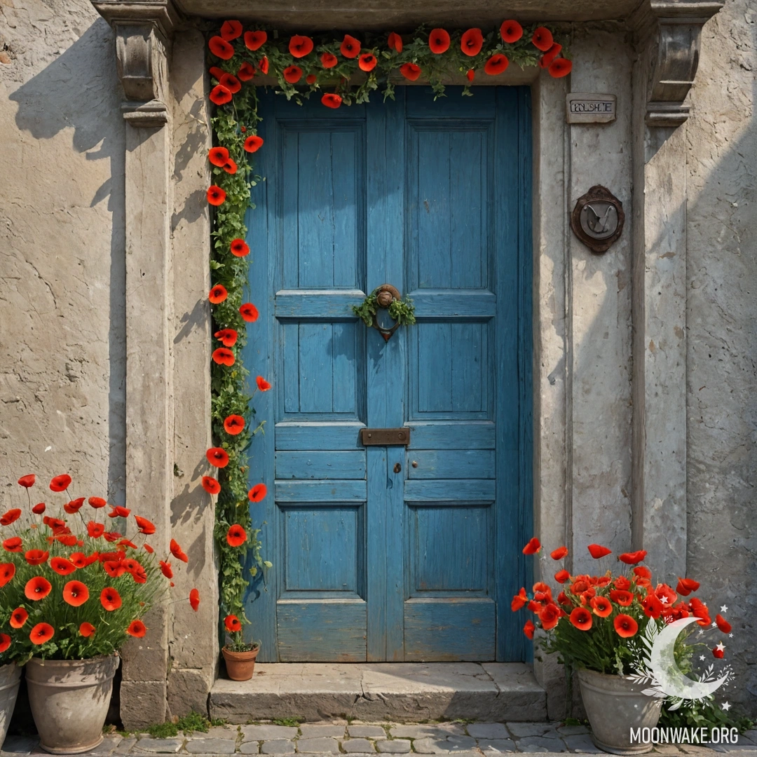 An old shabby blue door with a bouquet of poppies in the handle, illuminated by garland lights.