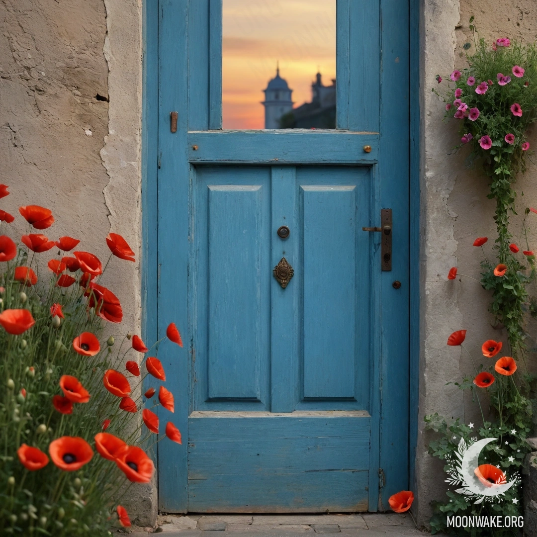 A weathered blue door with a bouquet of poppies in the handle against a sunset.