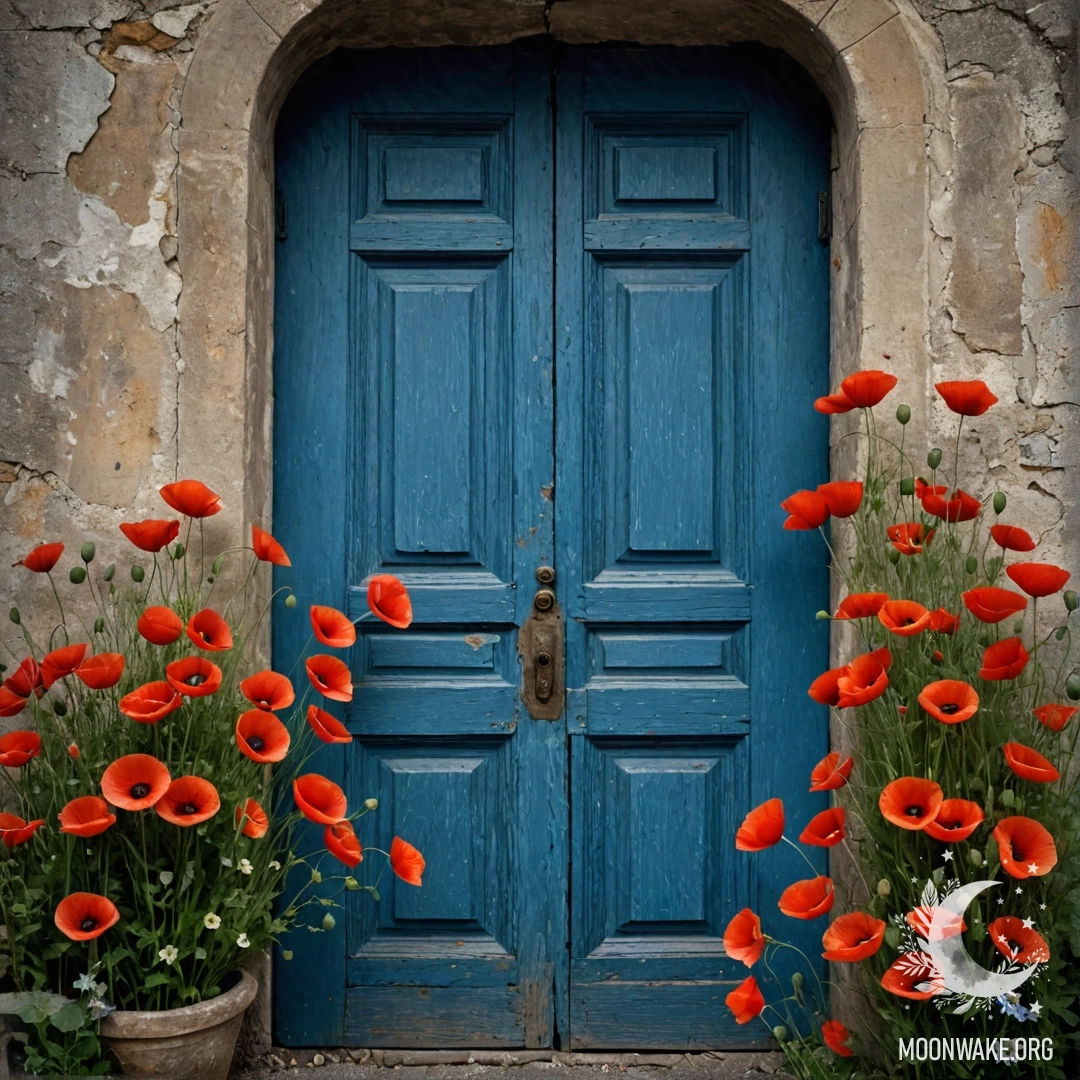 An old shabby blue door with a bouquet of poppies in the handle at night.