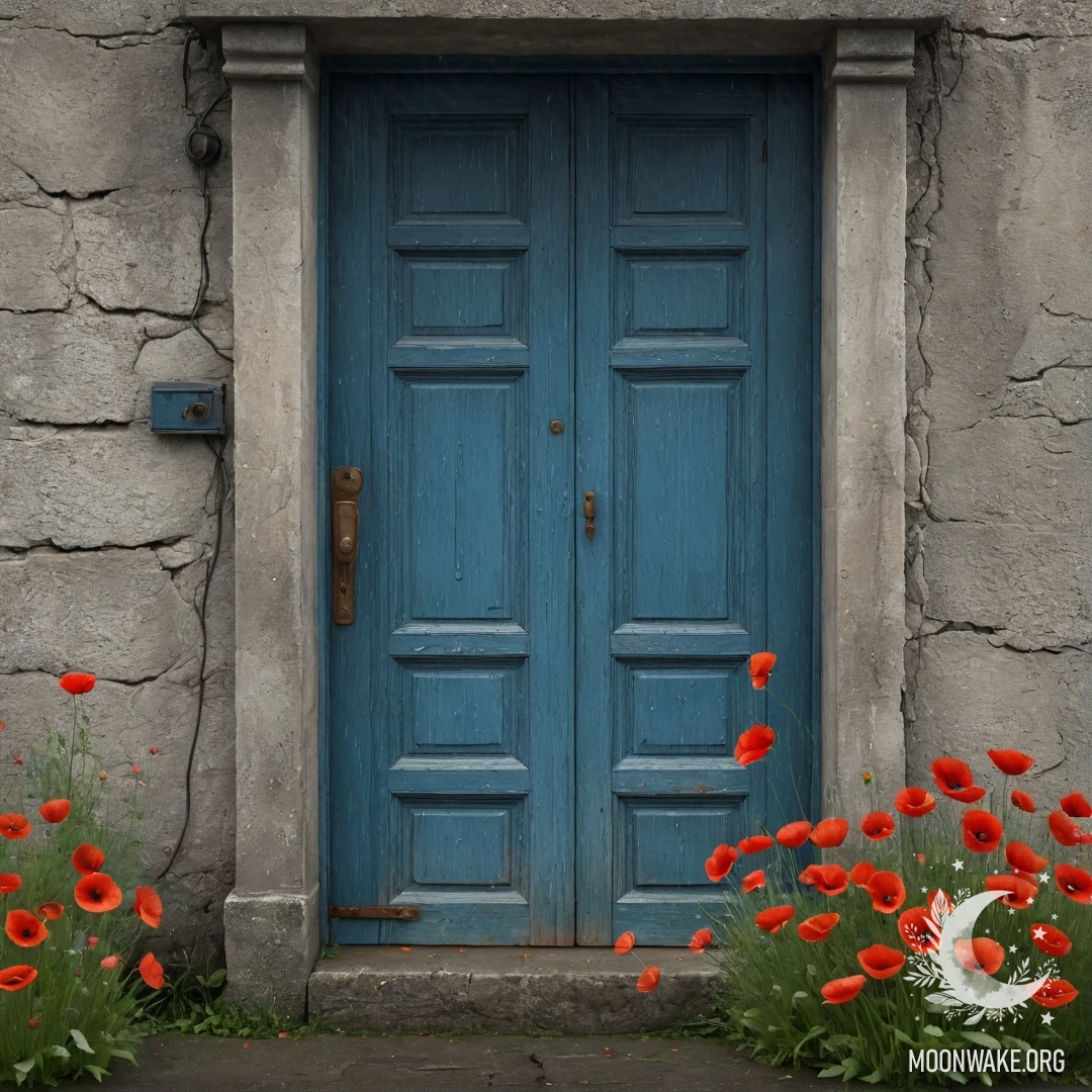 An old shabby blue door with a bouquet of poppies in its handle, raining.